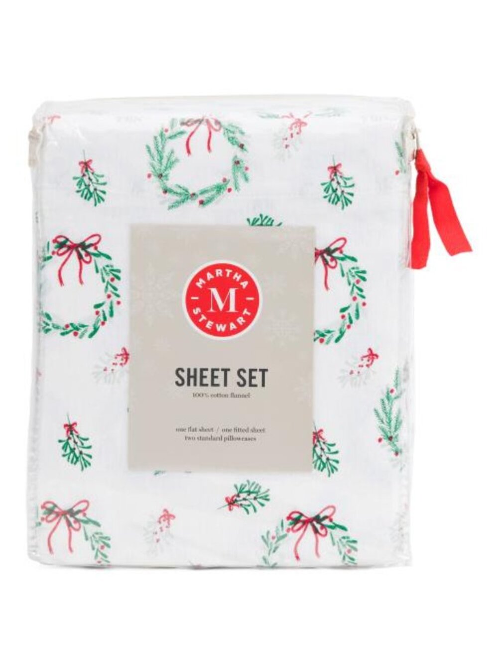 MARTHA STEWART Wreaths And Mistletoe Flannel Sheet Set